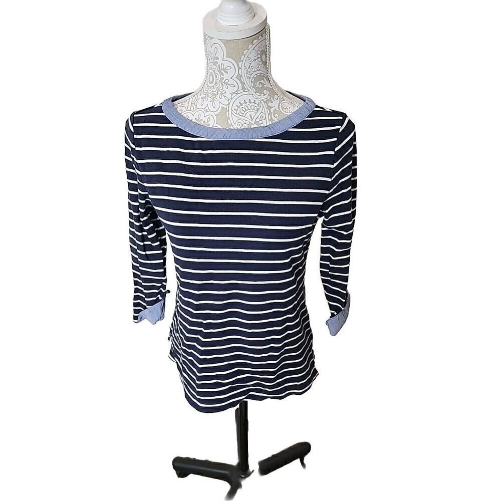 Nautica Navy And White Striped 3/4 Cuffed Sleeve Trimmed In Denim Medium